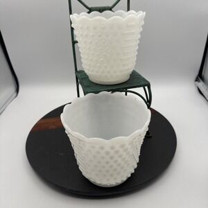 Vintage Hobnail Milk Glass Pot Planters Set Of 2 Scalloped Edge Fireking EUC